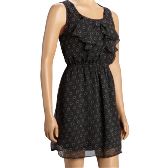 ZA ZEN Ruffle Trim Geo Print Dress With Ruched Waist Brown Xsmall-Small - Picture 1 of 10